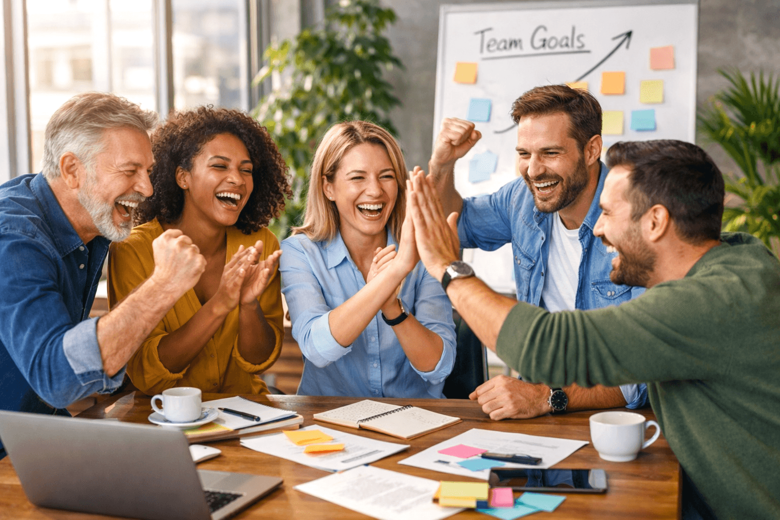 Ein Team im hellen Büro feiert gemeinsam einen Erfolg — Aufstieg, der spürbar ist