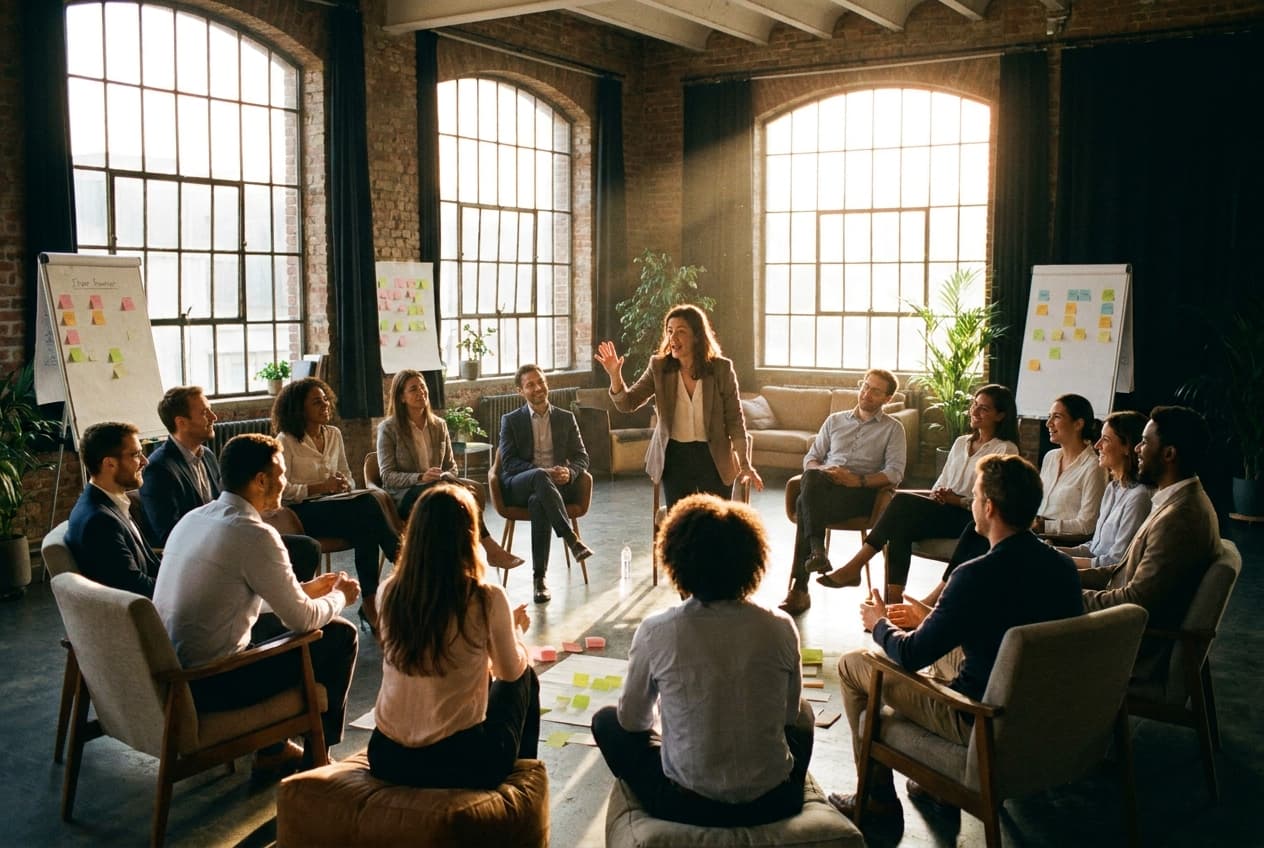 Lebendiges Leadership-Training in lichtdurchflutetem Raum am Morgen